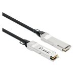 Cable de fibra óptica Intellinet de 1 metro con conectores QSFP+ en colores negro y plata, SKU 508506, ideal para centros de datos y conexiones InfiniBand.