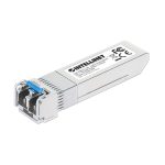 Imagen del módulo transceptor Intellinet 508674 de fibra óptica, compatible con SFP+ 10000 Mbit/s y longitud de onda de 1310 nm, en color rojo.