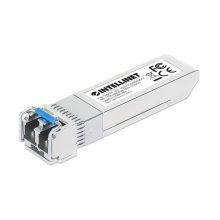 Imagen del módulo transceptor Intellinet 508674 de fibra óptica, compatible con SFP+ 10000 Mbit/s y longitud de onda de 1310 nm, en color rojo.