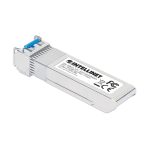 Imagen del módulo transceptor Intellinet 508674 de fibra óptica, compatible con SFP+ 10000 Mbit/s y longitud de onda de 1310 nm, en color rojo.