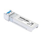 Imagen del módulo transceptor Intellinet de color rojo, compatible con Fibra óptica 10000 Mbit/s SFP+ y longitud de onda de 1310 nm. SKU: 508759