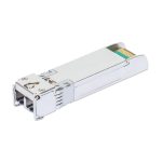 Imagen del módulo transceptor Intellinet de color rojo, compatible con Fibra óptica 10000 Mbit/s SFP+ y longitud de onda de 1310 nm. SKU: 508759
