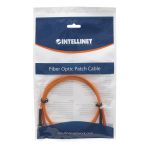 Imagen del cable de fibra óptica e InfiniBand Intellinet de 10 metros, con conectores ST y color naranja. SKU 515771