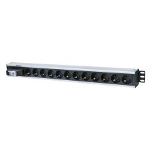 Intellinet PDU con 12 salidas AC, modelo 711449 en color negro y gris. Ideal para gestión de energía en servidores y racks.