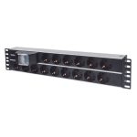 Imagen de la Unidad de Distribución de Energía (PDU) Intellinet con 15 salidas AC, tamaño 2U, fabricada en aluminio negro. SKU: 714051