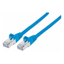 Imagen del cable de red Intellinet, modelo 740913, de color azul, de 3 metros y categoría 7 con S-FTP para conexiones rápidas y seguras.