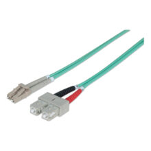 Imagen del cable de fibra óptica Intellinet InfiniBand de 10 metros con conectores LC y SC en color aguamarina, SKU 750523