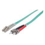 Imagen del cable de fibra óptica Intellinet de 1 metro con conectores ST y LC en color aguamarina, SKU 751117.