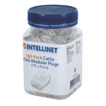 Conector RJ45 Cat5e multifilar UTP con chapado en oro de 15 micras, bote de 100 piezas, SKU 790055, fabricado por Intellinet