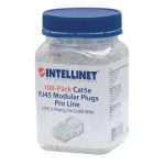 Conector Intellinet RJ45 Cat5e UTP sólido, con recubrimiento de oro de 50 micras, bote de 100 piezas SKU 790512