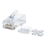 Conector RJ45 transparente de Intellinet, modelo 790666, ideal para cableado de alta calidad, con características de conexión segura y duradera.