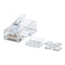 Conector RJ45 transparente de Intellinet, modelo 790666, ideal para cableado de alta calidad, con características de conexión segura y duradera.