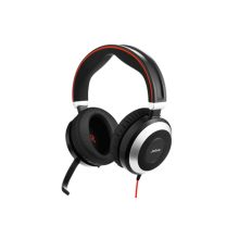 Jabra Evolve 80 auriculares alámbrico con diadema para oficina y centro de llamadas, Bluetooth, colores negro, rojo y plata. SKU 14401-11.