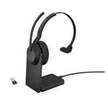 Auriculares Jabra Evolve2 55, inalámbricos y alámbricos con diadema, ideales para oficina y centro de llamadas, Bluetooth, base de carga negra. SKU: 25599-889-989