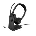 Auriculares Jabra Evolve2 55 inalámbricos y alámbricos con diadema para oficina y centro de llamadas, Bluetooth y base de carga, color negro, SKU 25599-999-989
