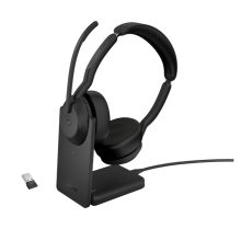 Auriculares Jabra Evolve2 55 inalámbricos y alámbricos con diadema para oficina y centro de llamadas, Bluetooth y base de carga, color negro, SKU 25599-999-989