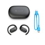 Auriculares True Wireless Stereo JLab Open Sport en color negro, adecuados para llamadas, música, deporte y uso diario. SKU: IEUEBJBOPSPRTRBLK82