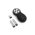 Imagen del Kensington Presentador inalámbrico con láser rojo, ideal para videoconferencias y presentaciones, modelo SKU 33374EU. Presenta estructura ergonómica y control de diapositivas.