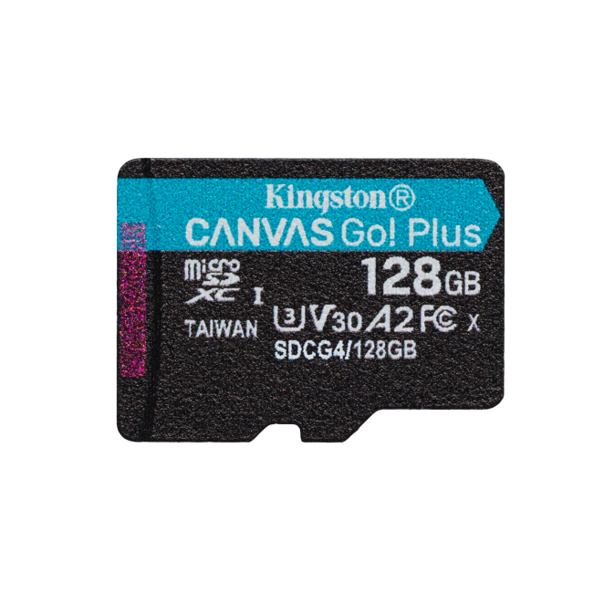 Kingston Technology Tarjeta microSDXC Canvas Go Plus Gen4 de 128 GB, 200 MB/s, A2 U3 V30 y adaptador 2 Kingston Technology Tarjeta microSDXC Canvas Go Plus para drones y cámaras deportivas