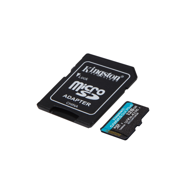 Kingston Technology Tarjeta microSDXC Canvas Go Plus Gen4 de 128 GB, 200 MB/s, A2 U3 V30 y adaptador 3 Kingston Technology Tarjeta microSDXC Canvas Go Plus en uso