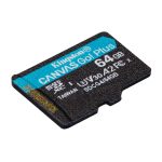 Tarjeta microSDXC Kingston Technology Canvas Go Plus Gen4 de 64 GB con velocidad de 200 MB/s, A2 U3 V30 y adaptador. SKU: SDCG4/64GB
