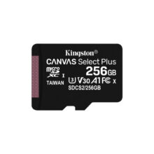 Vista del paquete de una tarjeta microSDXC Canvas Select Plus de 256 GB de Kingston Technology, modelo SDCS2/256GBSP. Almacenamiento externo de alto rendimiento con clasificación A1 C10 y velocidad de lectura de 100MB/s.
