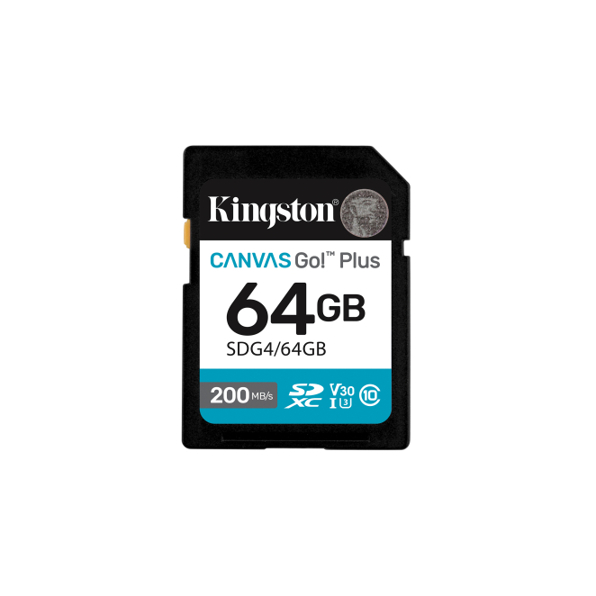 Kingston Canvas Go! Plus 64GB SDXC con velocidad de transferencia de 200MB/s Tarjeta SDXC Kingston Technology Canvas Go! Plus de 64GB, Gen4, con velocidad de lectura de 200MB/s, clase 10 UHS-I U3 V30, SKU SDG4/64GB