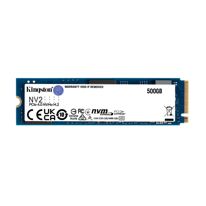 Kingston NVMe M.2 PCIe 4.0 500GB con 3D NAND Disco duro Kingston NV2 con capacidad de 500GB, tipo M.2 PCI Express 4.0 NVMe y memoria 3D NAND, SKU SNV2S/500G