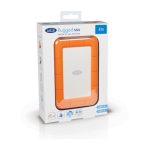 LaCie Rugged Mini disco duro externo de 2 TB con velocidad de 5400 RPM, conexión Micro-USB B 3.2 Gen 1, en colores naranja y plata. SKU: 9000298