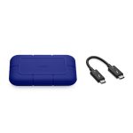 Imagen de la unidad externa de estado sólido LaCie STNA2000400 con 2 TB de capacidad, tecnología Thunderbolt y puerto USB Tipo C, en color azul.
