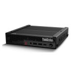 Imagen de la Lenovo ThinkStation P3 Tiny, un mini PC de puesto de trabajo, SKU 30H0005XSP, con procesador Intel Core i7-14700T, 32 GB de memoria DDR5, 1 TB SSD, tarjeta gráfica NVIDIA T1000, y sistema operativo Windows 11 Pro en color negro.