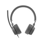 Vista del auricular y casco Lenovo GXD1C99243 con diadema, alámbrico, ideal para llamadas y música, con conexión USB Tipo C en color gris