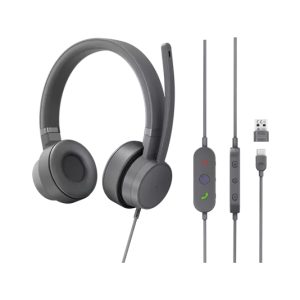 Vista del auricular y casco Lenovo GXD1C99243 con diadema, alámbrico, ideal para llamadas y música, con conexión USB Tipo C en color gris