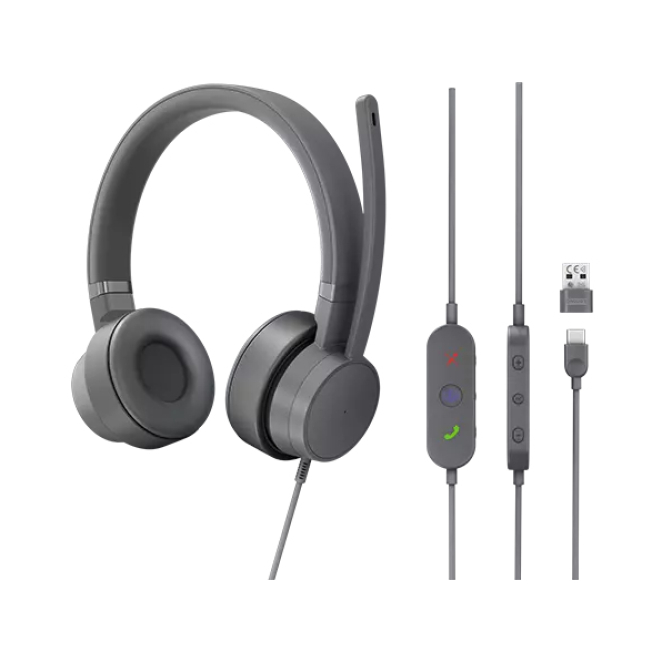 Lenovo auricular diadema alámbrico USB Tipo C gris Vista del auricular y casco Lenovo GXD1C99243 con diadema, alámbrico, ideal para llamadas y música, con conexión USB Tipo C en color gris