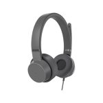 Vista del auricular y casco Lenovo GXD1C99243 con diadema, alámbrico, ideal para llamadas y música, con conexión USB Tipo C en color gris