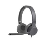 Vista del auricular y casco Lenovo GXD1C99243 con diadema, alámbrico, ideal para llamadas y música, con conexión USB Tipo C en color gris