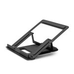 Soporte plegable para ordenador portátil Lindy modelo 20917 en colores negro y plata, ideal para monitores y laptops.