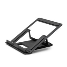 Soporte plegable para ordenador portátil Lindy modelo 20917 en colores negro y plata, ideal para monitores y laptops.