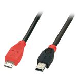 Imagen del Lindy 31717, un cable USB 2.0 de 0.5 metros con conectores Mini-USB B y Micro-USB B en colores negro y rojo.