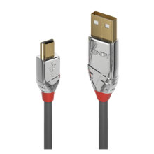 Cable USB 2.0 de 3 metros de la marca Lindy, con un extremo USB A y otro Mini-USB B, color gris, SKU 36633