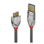Cable USB de la marca Lindy, modelo 36657, con especificaciones USB 3.2 Gen 1, 1 metro de longitud, conector USB A a Micro-USB B en color gris.