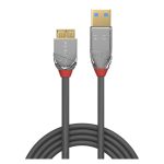 Cable USB de la marca Lindy, modelo 36657, con especificaciones USB 3.2 Gen 1, 1 metro de longitud, conector USB A a Micro-USB B en color gris.