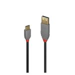 Cable USB 2.0 de 2 metros Lindy con conectores USB A y USB C en color negro y gris, SKU 36887