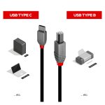 Cable USB de 0,5 metros Lindy con conexiones USB-C a USB-B, color negro. SKU 36940