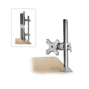 Imagen del soporte para monitor Lindy modelo 40695, en color plata, instalado en un escritorio, diseño ajustable, SKU 40695