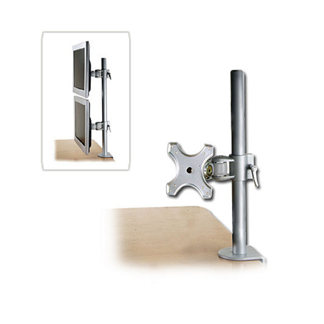 Soporte de monitor en Escritorio Plata Lindy, Ajustable y Duradero Imagen del soporte para monitor Lindy modelo 40695, en color plata, instalado en un escritorio, diseño ajustable, SKU 40695