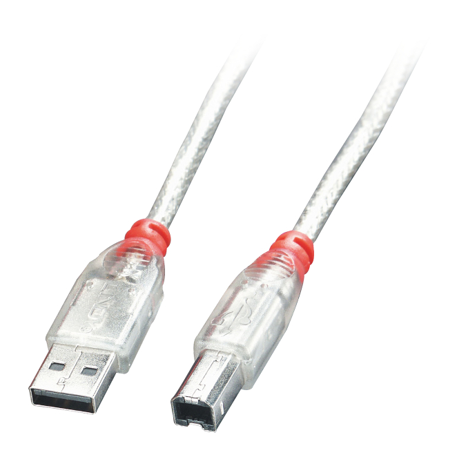 Lindy Cable USB 2.0 5 m Transparente con Conectores A y B Imagen del cable USB 2.0 de la marca Lindy, modelo 41755, con una longitud de 5 metros y conectores USB A y USB B, en color transparente.