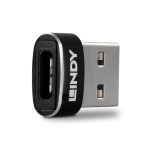 Adaptador de género para cable USB Type-A a USB Type-C, color negro, Lindy 41884