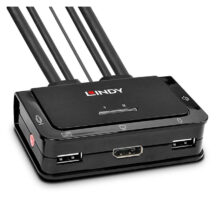 Interruptor KVM negro para montaje en rack de la marca Lindy con soporte múltiple para gestionar varios dispositivos. SKU 42344