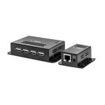 Imagen del Lindy ampliador de red, modelo 42681, incluyendo el transmisor y receptor de color negro. Amplifica la conectividad para portátiles y otros dispositivos.